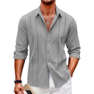 Mens Cuban Guayabera Shirt Casual Button Down Shirts Long Sleeve  Summer Beach